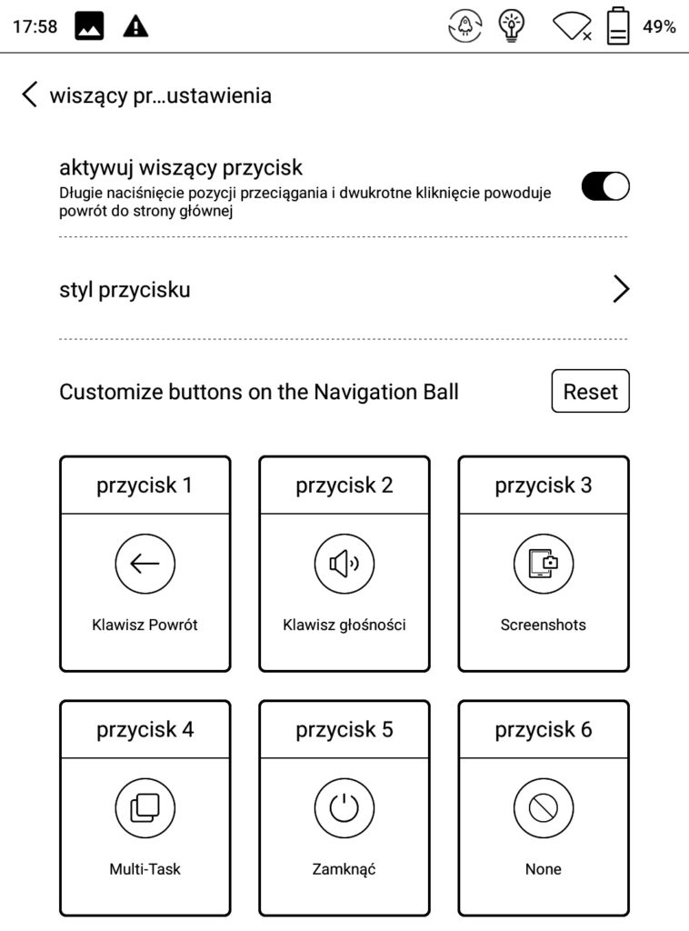 Konfiguracja przycisku wiszącego na Onyx Boox Poke 2