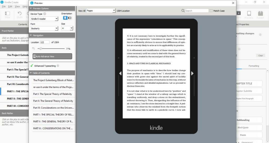 Podgląd ebooka na czytniku Kindle w programie Kindle Create