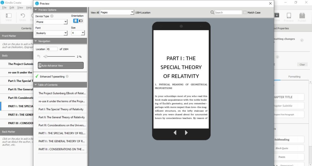 Podgląd ebooka na smartfonie w programie Kindle Create