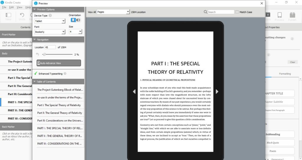 Podgląd ebooka na tablecie w programie Kindle Create