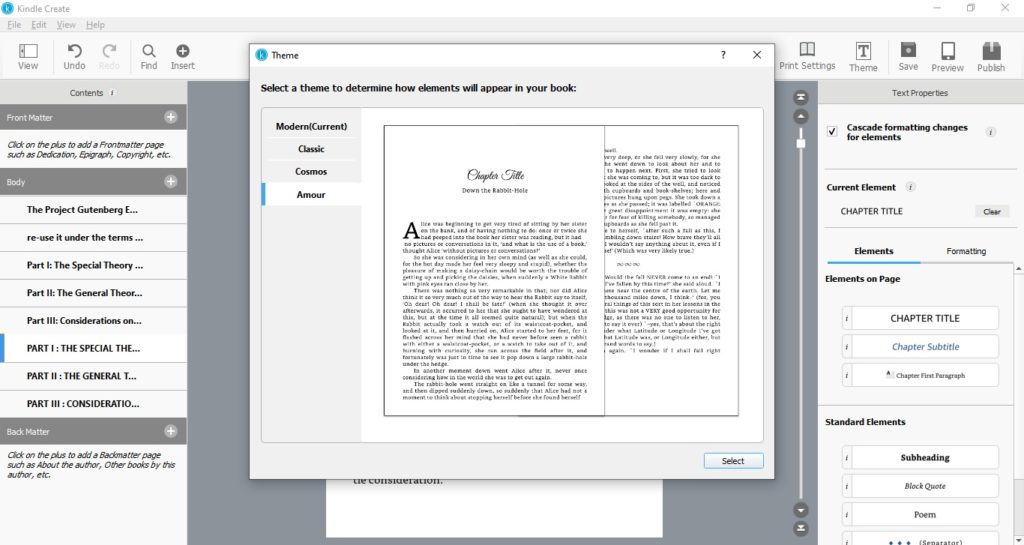 Wybór stylu publikacji w programie Kindle Create