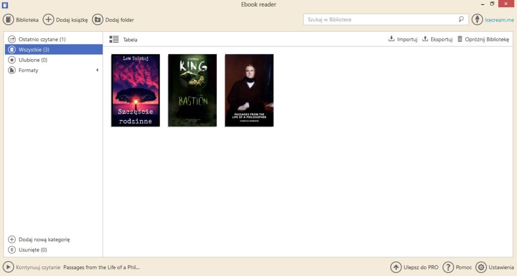Biblioteka (tabela) w aplikacji Icecream Ebook Reader