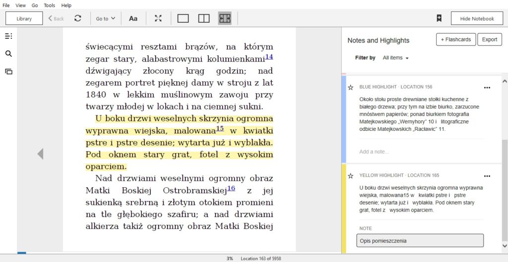 Dodawanie notatek w aplikacji Kindle for PC