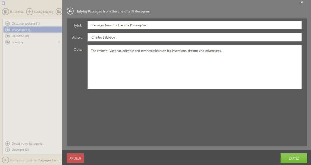 Edytowanie informacji o książce w aplikacji Icecream Ebook Reader