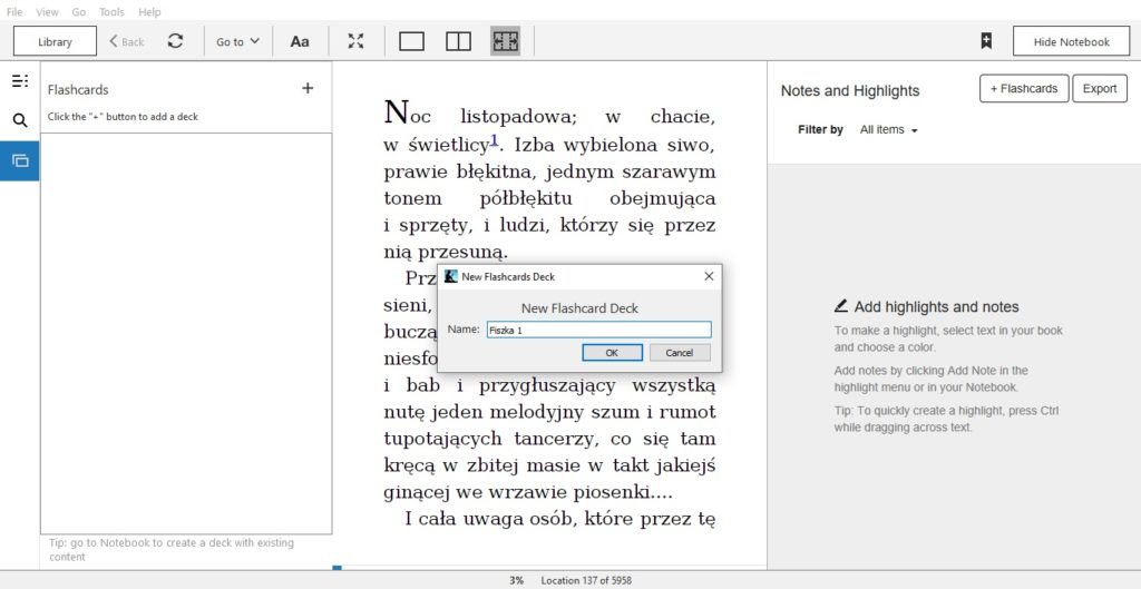 Tworzenie fiszki w aplikacji Kindle for PC
