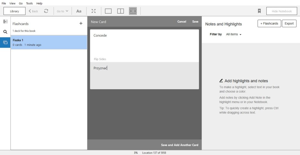 Tworzenie fiszki w aplikacji Kindle for PC