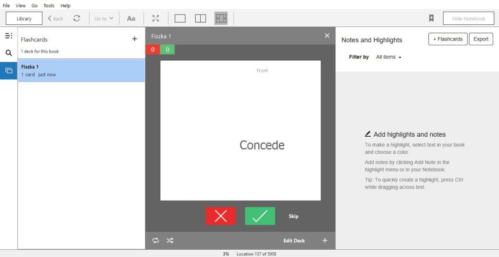 Korzystanie z fiszek w aplikacji Kindle for PC