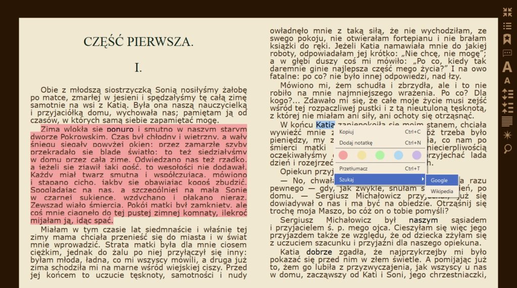 Wyszukiwanie haseł w Google i na Wikipedii w aplikacji Icecream Ebook Reader