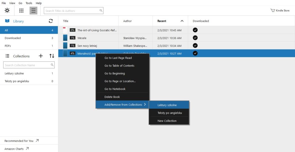 Dodawanie ebooków do kolekcji w aplikacji Kindle for PC