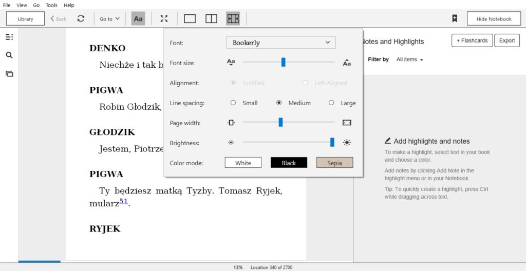 Regulacja parametrów tekstu w aplikacji Kindle for PC