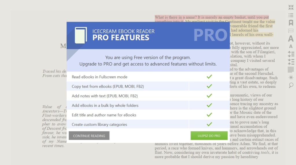 Banner z reklamą wersji PRO w aplikacji Icecream Ebook Reader