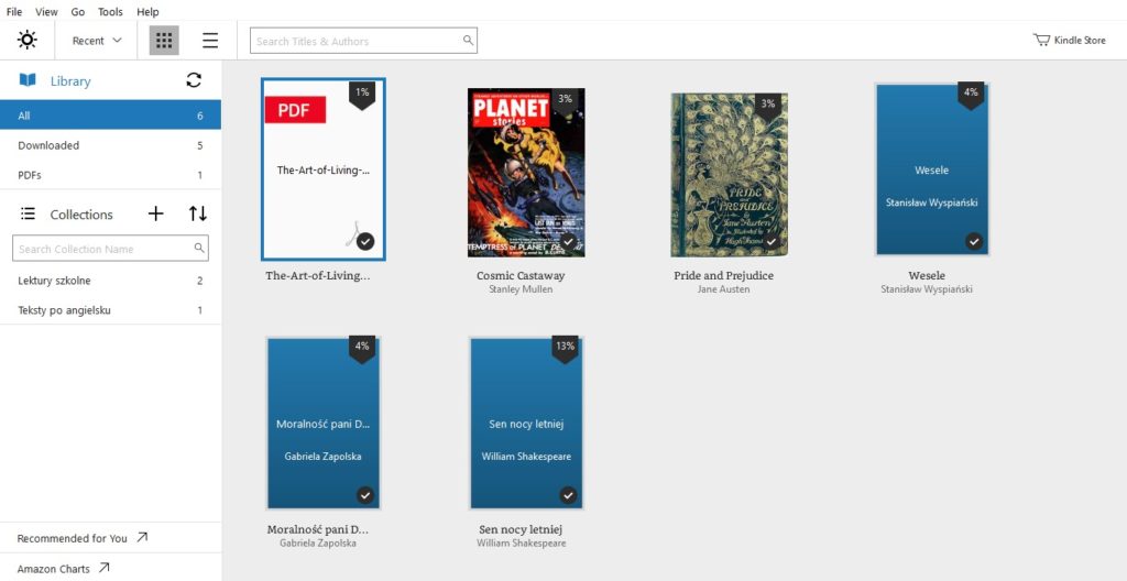 Widok półki w aplikacji Kindle for PC
