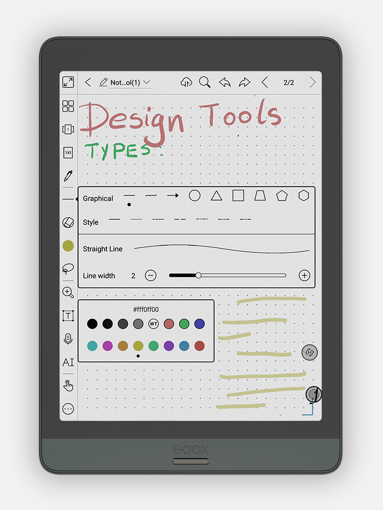 16 różnych kolorów, nowe typy pędzli, linii i kształtów na czytniku Onyx Boox Nova 3 Color