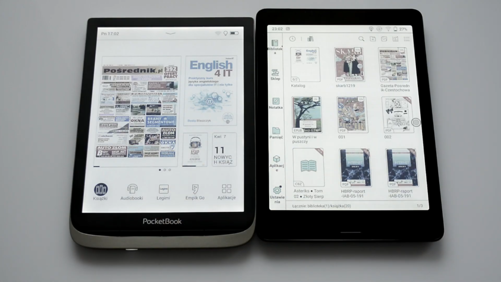Podgląd menu i biblioteki na czytnikach PocketBook InkPad Color i Onyx Boox Nova 3 