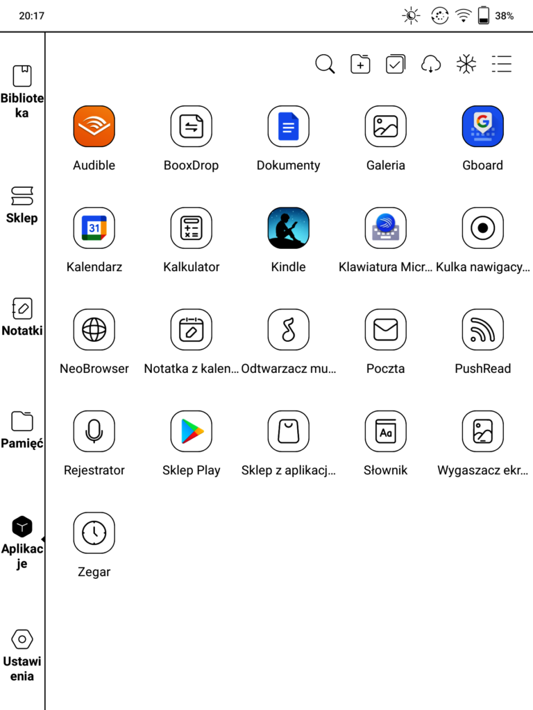 Nowe oprogramowanie Onyx Boox - widok z poziomu "Aplikacje"