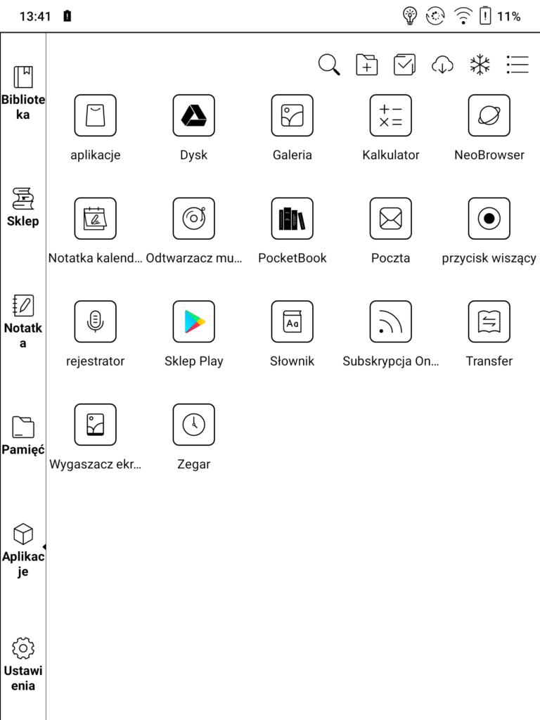 Stare oprogramowanie Onyx Boox - widok z poziomu "Aplikacje"