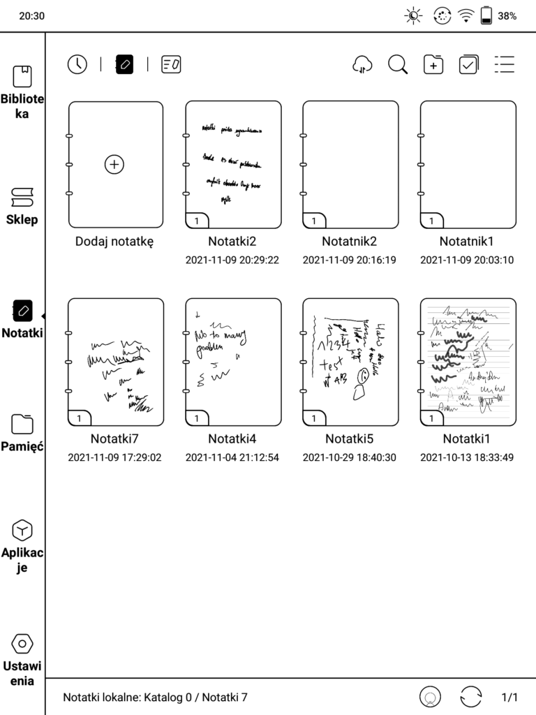 Nowe oprogramowanie Onyx Boox - widok z poziomu "Notatki"