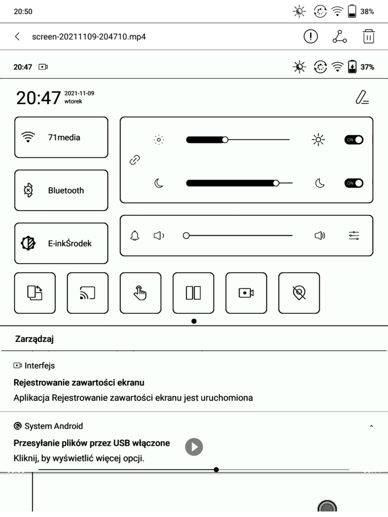 Nowe oprogramowanie Onyx Boox - widok z poziomu "Pasek górny"