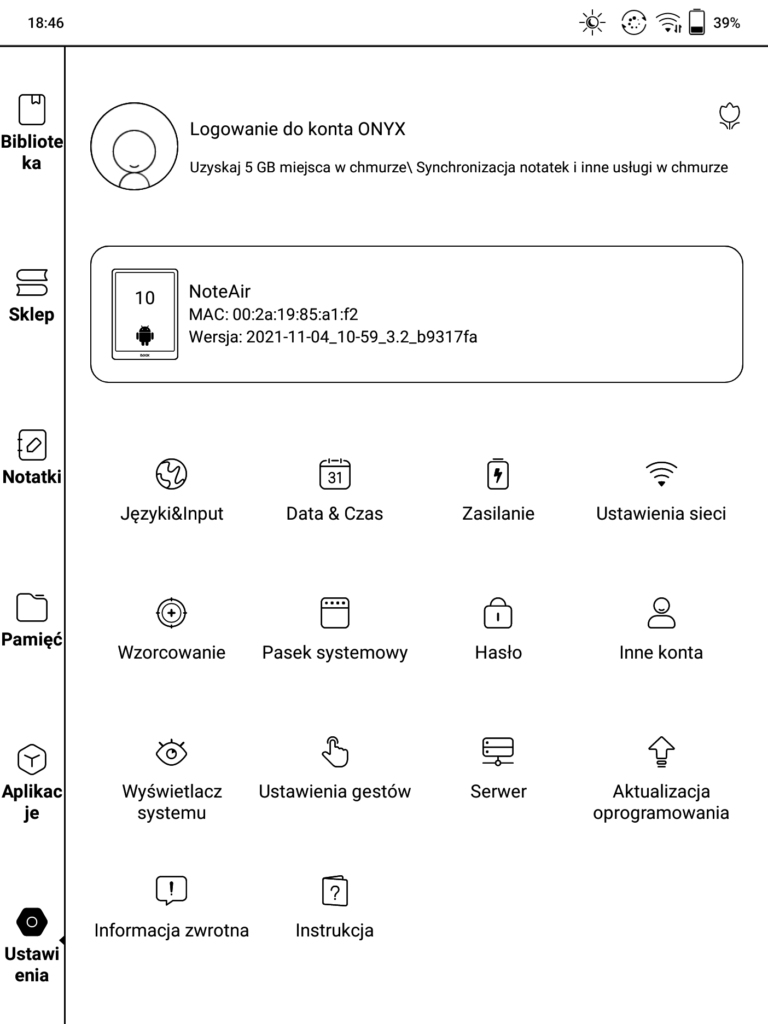 Nowe oprogramowanie Onyx Boox- widok z poziomu "Ustawienia"