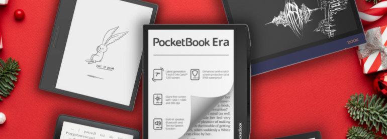 Zdjęcie przedstawia 5 czytników ebooków: Kindle, PocketBook oraz Onyx Boox. Są to najlepsze modele znajdujące się na rynku. Na górze widnieje napis Który czytnik na prezent? 2022