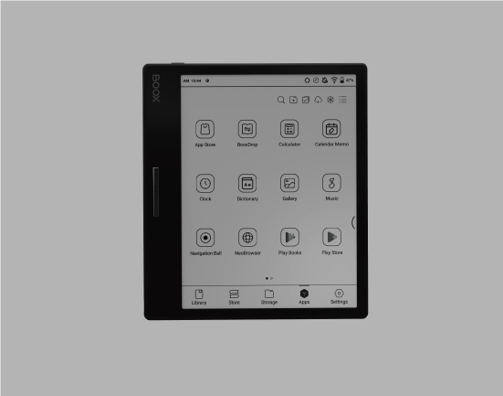 Zdjęcie ukazuje Czytnik Onyx Boox Leaf 2. Na czytniku otworzone jest menu aplikacji oraz ukazane wszelkie zainstalowane aplikacje.