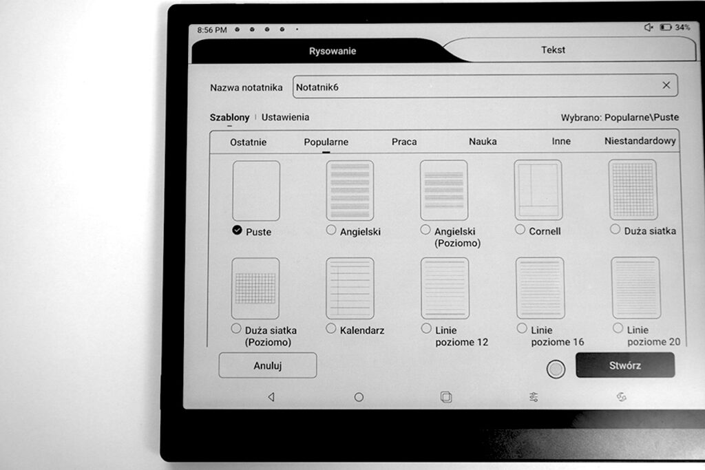 Szablony do tworzenia notatek w aplikacji notatek na Tab Ultra C Pro
