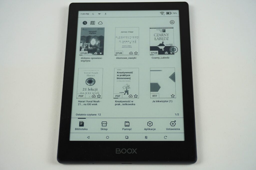 Czytnik ebook Onyx Boox Go 6 menu główne