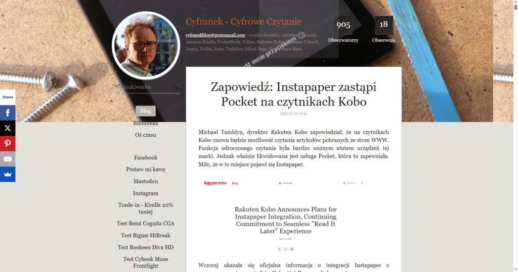 Zrzut ekranu przedstawiający stronę internetową na temat czytników e-book cyfranek.booklikes.com