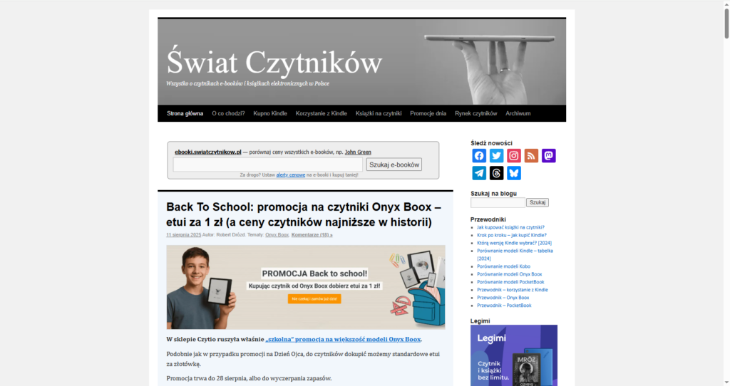 Zrzut ekranu przedstawiający stronę internetową na temat czytników e-book świat czytników.pl