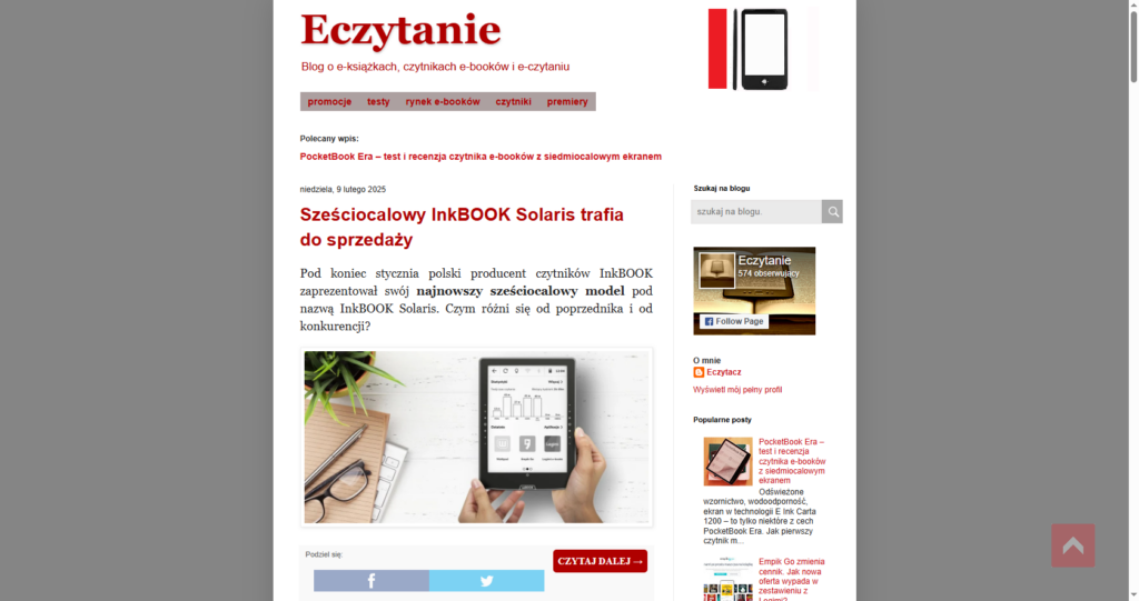 Zrzut ekranu przedstawiający portal o czytnikach e-book, eCzytanie-eksiazki.blogspot.com
