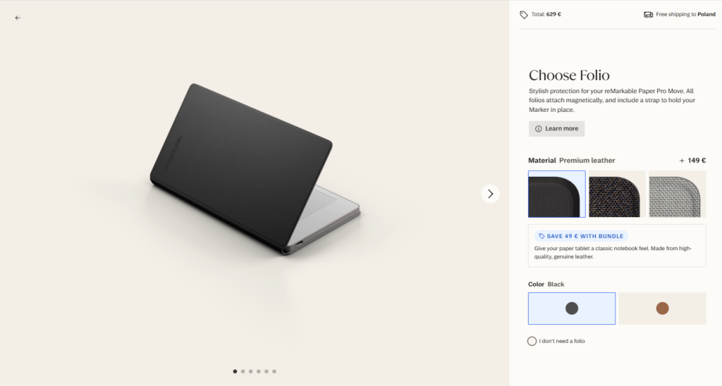 ReMarkable Paper Pro Move, koszyk - zrzut ekranu ze strony producenta