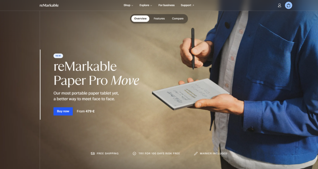 ReMarkable Paper Pro Move - zrzut ekranu ze strony producenta