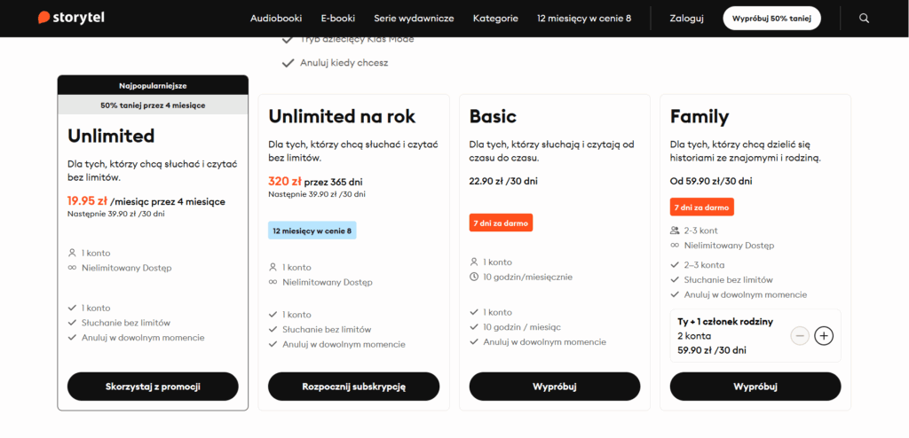 Cennik subskrypcji na stronie storytel