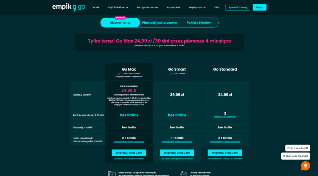 Oferta subskrypcji Empik GO ze strony Empiku 