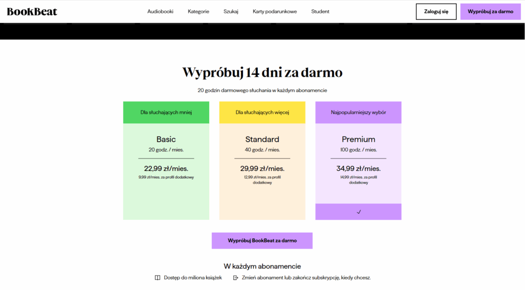 Cennik subskrypcji na stronie BookBeat