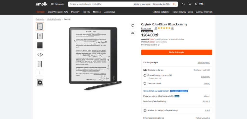 Duży tablet z ekranem E-ink z rysikiem Kobo Elipsa 2E