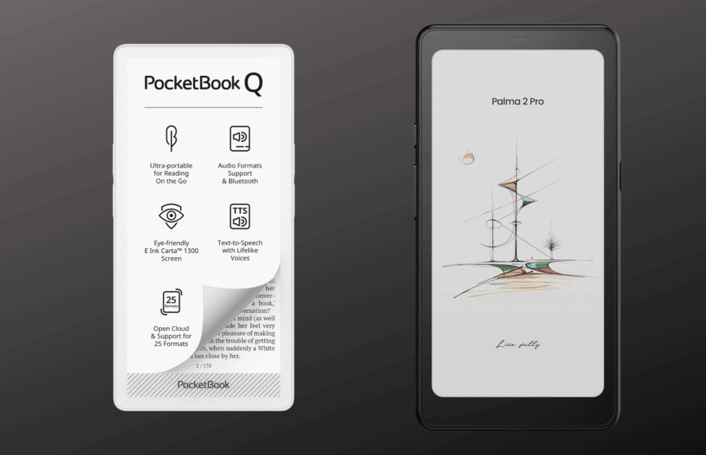 2 Czytniki e-book na ciemnym tle PocketBook Q oraz Onyx Boox Palma 2 Pro