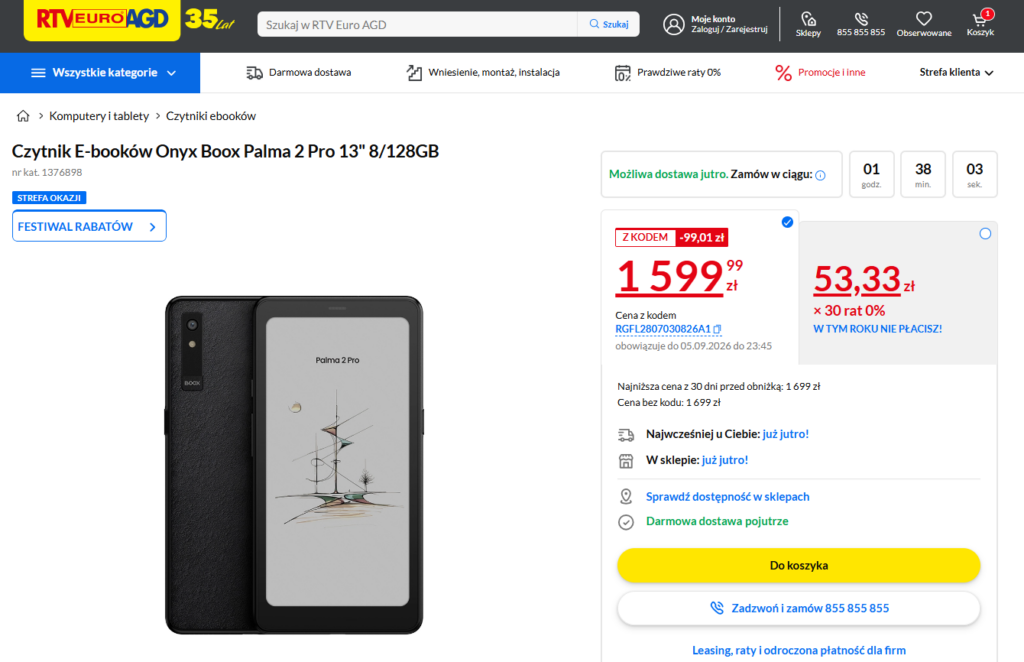 Promocja na czytnik e-book Onyx Boox Palma 2 Pro w sklepie Euro AGD